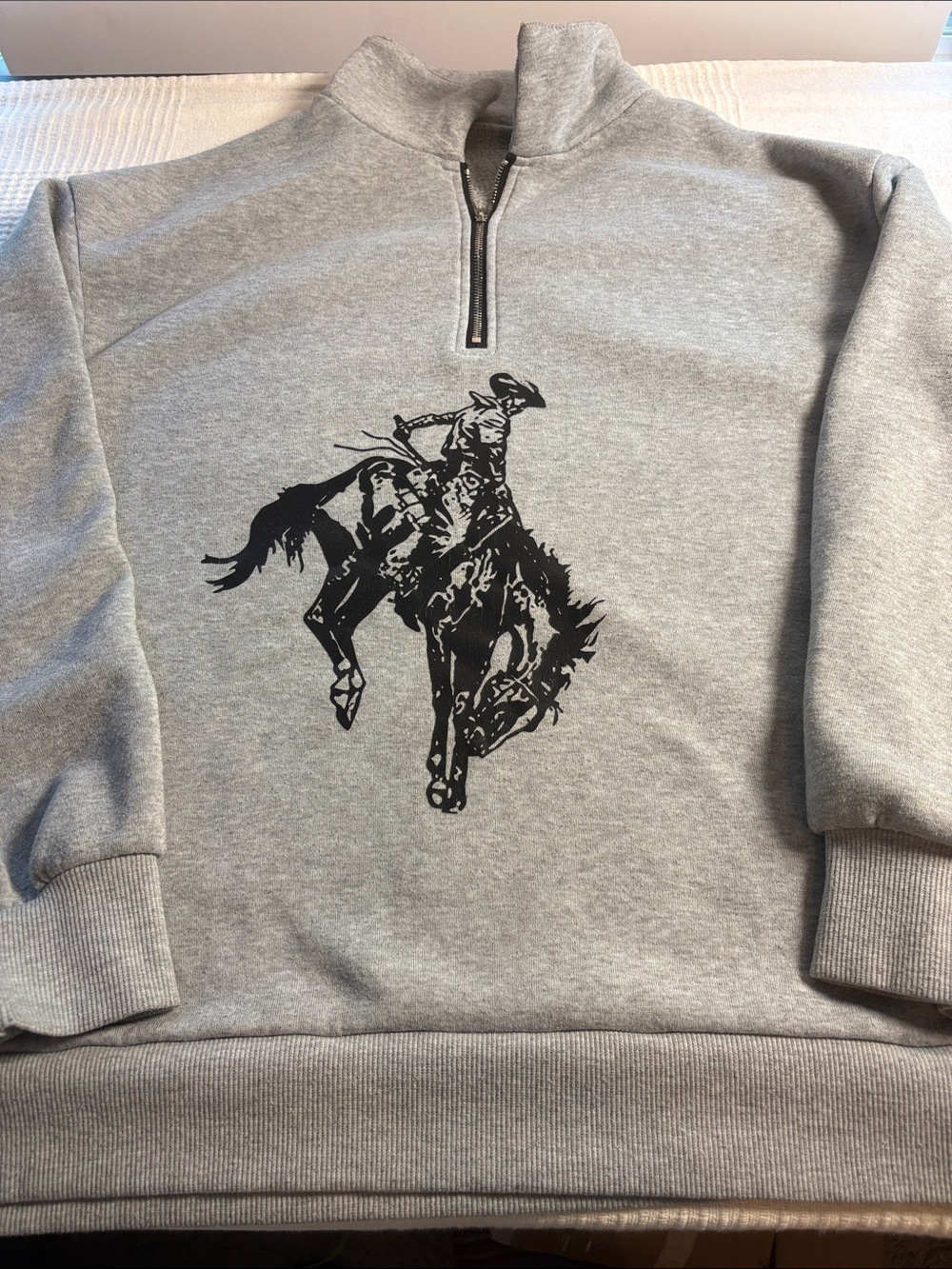 SHEIN Light Gray Half-Zip Sweatshirt with Black Rodeo Rider Graphic